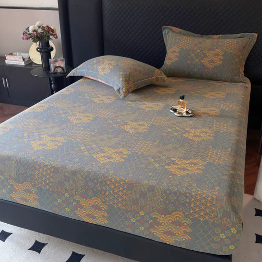 Spannbettlaken aus Baumwolle mit Retro-Fan-Muster - Grau Grün - Spannbettlaken mit 2 Kissenbezügen - 180cm x 200cm - image 0