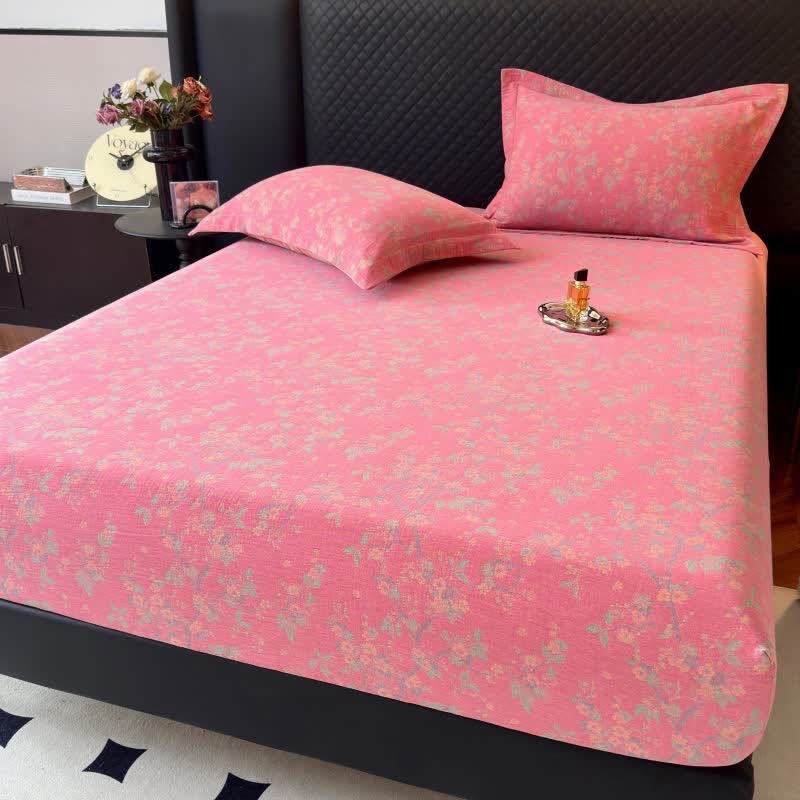Spannbettlaken aus Baumwollgaze mit Pflaumenblütenmuster - Rosa - Spannbettlaken mit 2 Kissenbezügen - 180cm x 200cm - image 3
