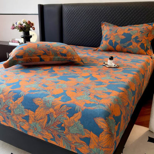 Spannbettlaken aus Baumwollgaze mit Lilien-Blumenmuster - Orange - Spannbettlaken mit 2 Kissenbezügen - 180cm x 200cm - image 0