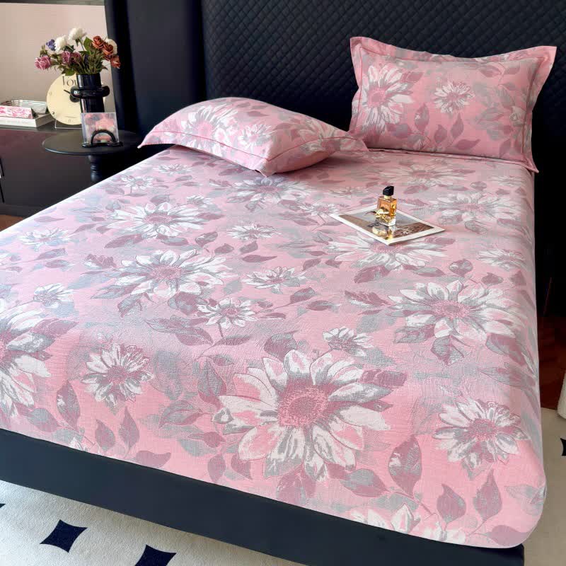 Rustikales Spannbettlaken aus Baumwollgaze mit Sonnenblumenmuster - Rosa - Spannbettlaken mit 2 Kissenbezügen - 180cm x 200cm - image 3