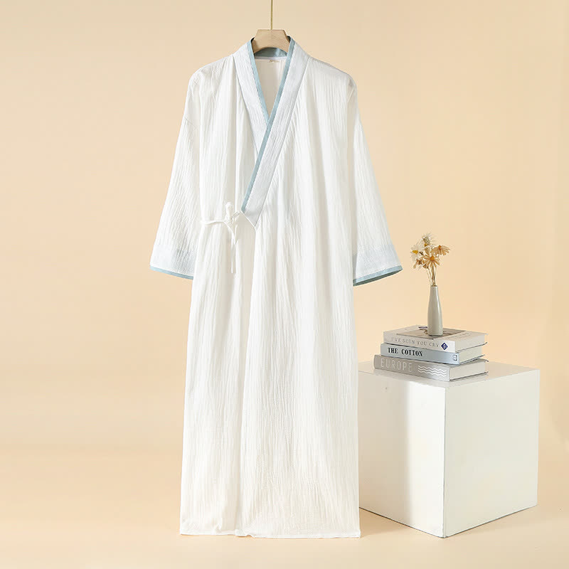 Unisex Minimalistischer Kimono-Bademantel aus Baumwollgaze - Weiß & Blau - XL - image 11