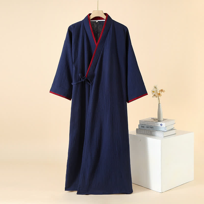 Unisex Minimalistischer Kimono-Bademantel aus Baumwollgaze - Marineblau & Rot - XL - image 9
