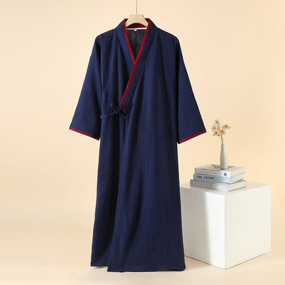 Unisex Minimalistischer Kimono-Bademantel aus Baumwollgaze - Marineblau & Rot - XL - image 9