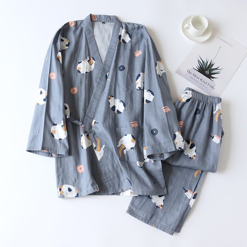 Passender Katzen-Kimono aus Baumwollgaze - Dunkelblau - Männer - XL - image 14