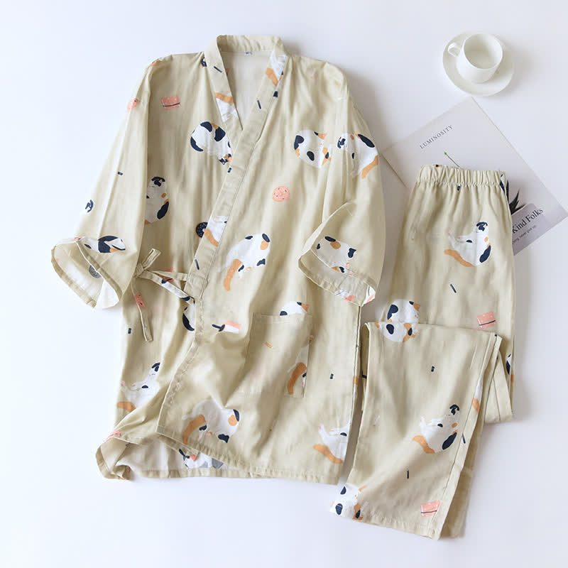 Passender Katzen-Kimono aus Baumwollgaze - Khaki - Frauen - XL - image 2