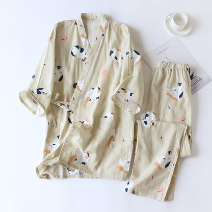 Passender Katzen-Kimono aus Baumwollgaze - Khaki - Frauen - XL - image 2