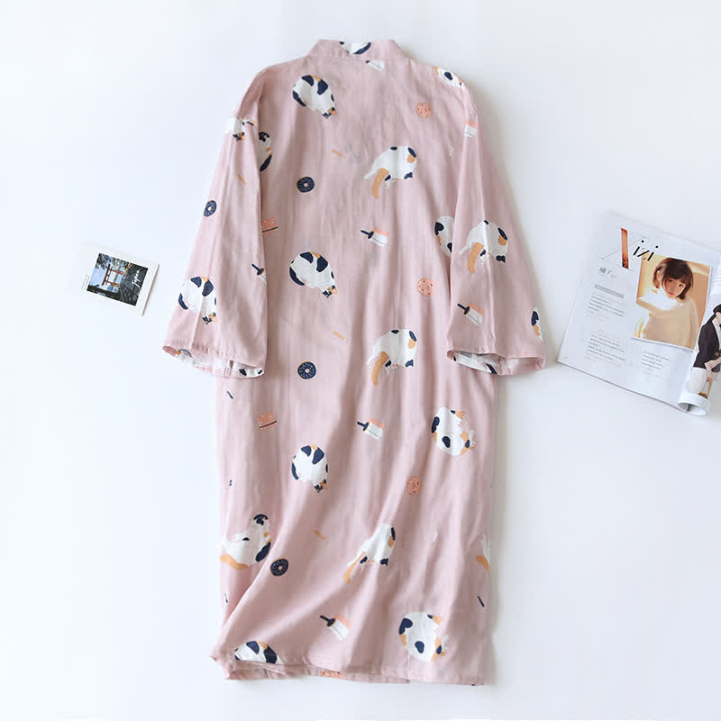 Passender Kimono-Bademantel aus Baumwollgaze mit Katzenmotiv - image 4