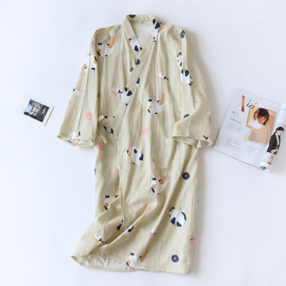 Passender Kimono-Bademantel aus Baumwollgaze mit Katzenmotiv - Khaki - Männer - L - image 13