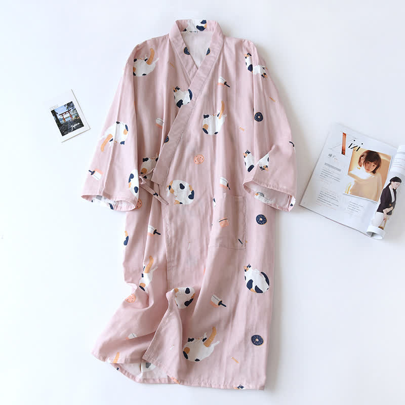 Passender Kimono-Bademantel aus Baumwollgaze mit Katzenmotiv - Rosa - Frauen - L - image 3
