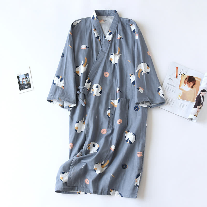 Passender Kimono-Bademantel aus Baumwollgaze mit Katzenmotiv - Dunkelblau - Männer - L - image 14