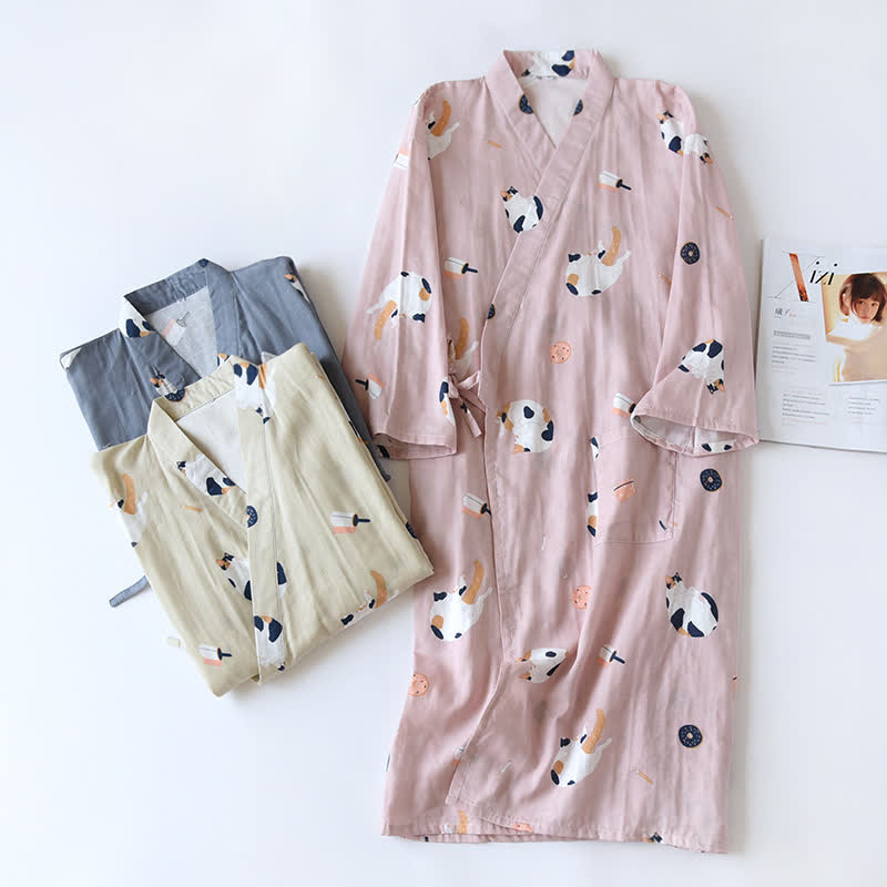 Passender Kimono-Bademantel aus Baumwollgaze mit Katzenmotiv - image 1