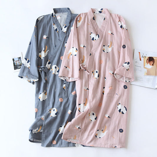Passender Kimono-Bademantel aus Baumwollgaze mit Katzenmotiv - image 0