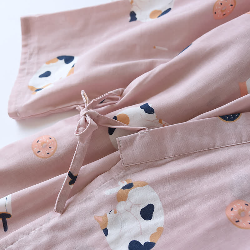 Passender Kimono-Bademantel aus Baumwollgaze mit Katzenmotiv - image 8