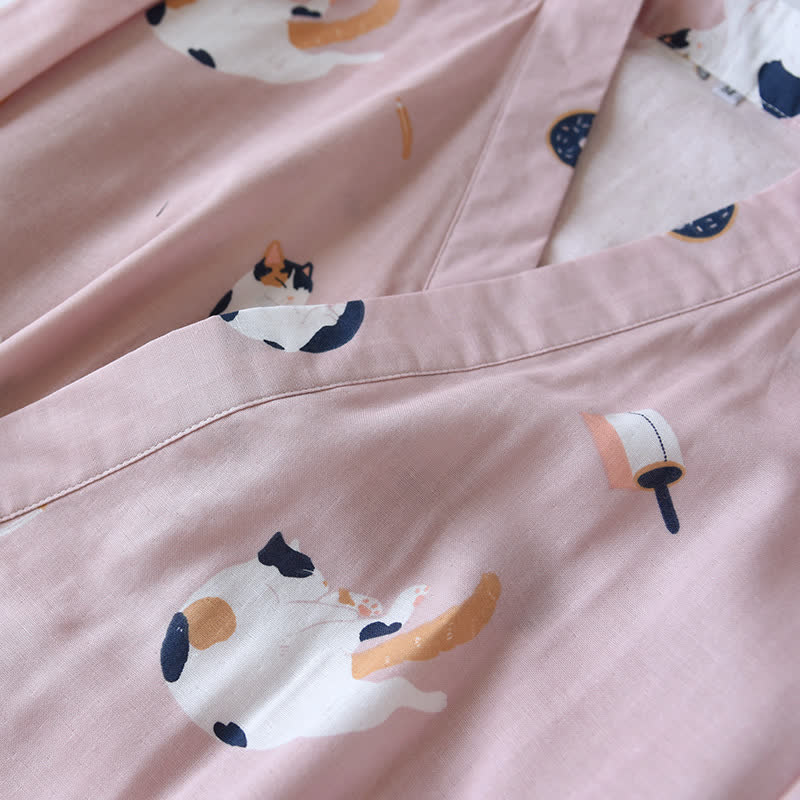 Passender Kimono-Bademantel aus Baumwollgaze mit Katzenmotiv - image 6