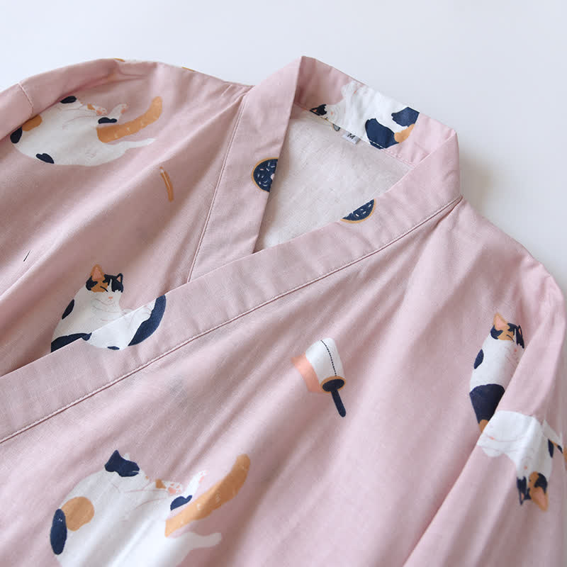 Passender Kimono-Bademantel aus Baumwollgaze mit Katzenmotiv - image 5