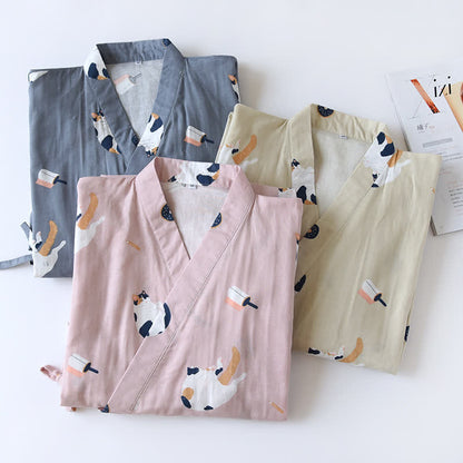 Passender Kimono-Bademantel aus Baumwollgaze mit Katzenmotiv - image 2