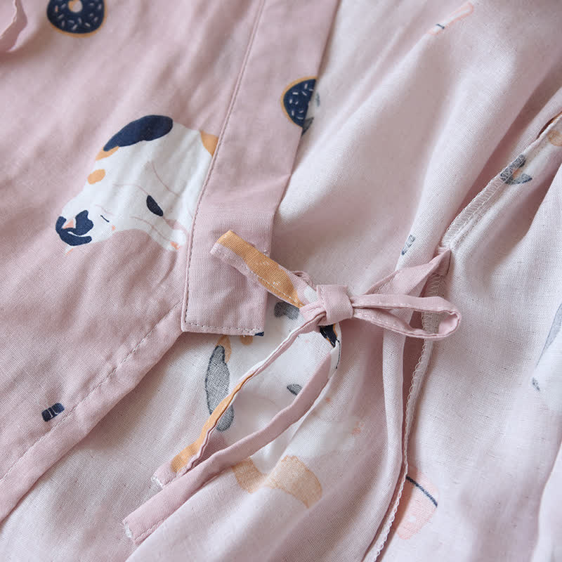 Passender Kimono-Bademantel aus Baumwollgaze mit Katzenmotiv - image 7
