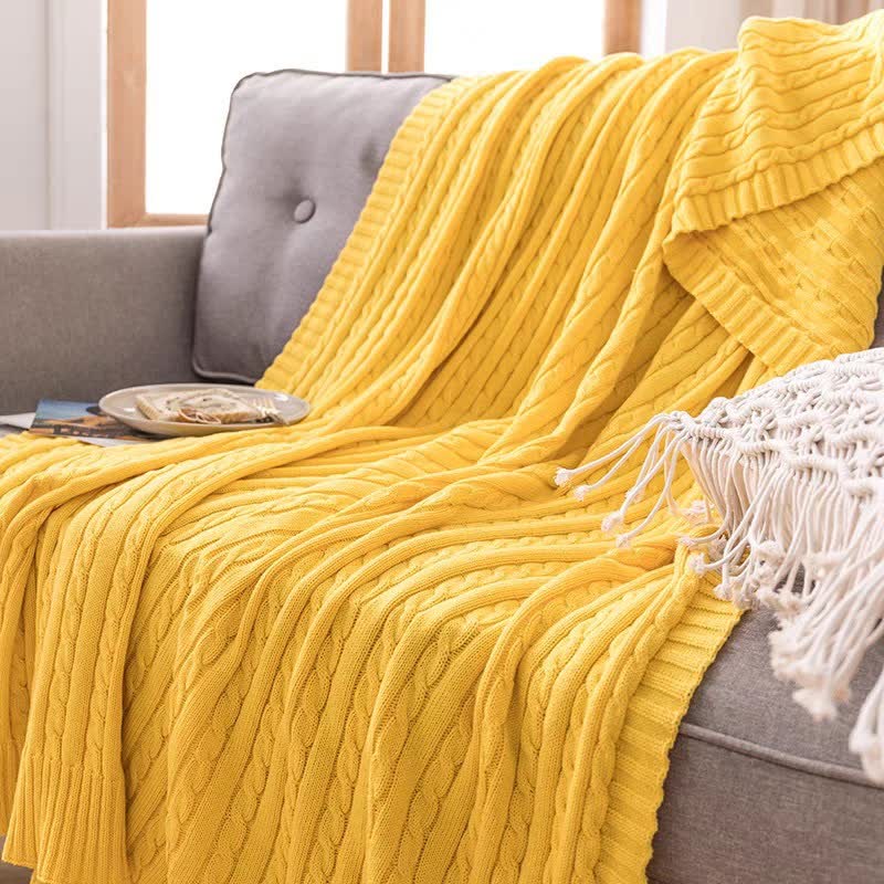 Ownkoti Einfarbige Sofa-Strickdecke aus Baumwolle - Gelb - 180cm x 200cm - image 28