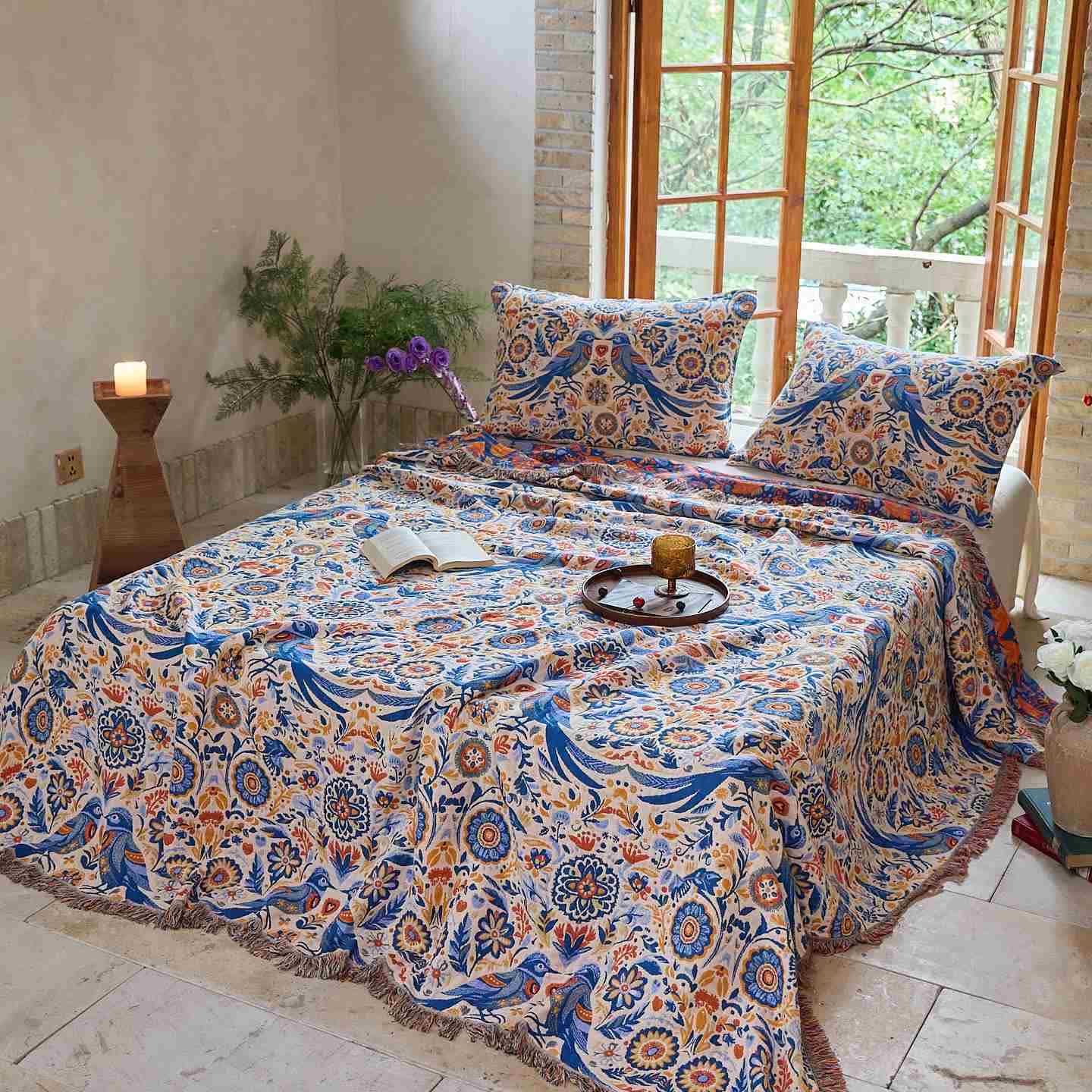 Ownkoti Vintage-Decke mit Vogelmotiv und Quasten aus Baumwollgaze - image 1