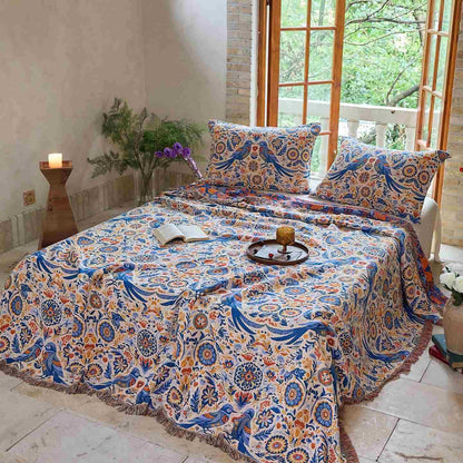 Ownkoti Vintage-Decke mit Vogelmotiv und Quasten aus Baumwollgaze - image 1