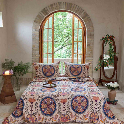 Ownkoti Baumwolldecke mit Blumenmedaillon und Quasten - Decke mit 2 Kissenbezügen - 230cm x 250cm - image 0