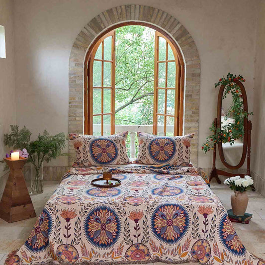 Ownkoti Baumwolldecke mit Blumenmedaillon und Quasten - Decke mit 2 Kissenbezügen - 230cm x 250cm - image 0