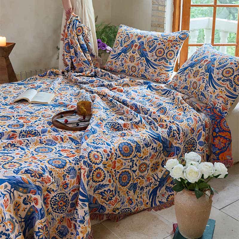Ownkoti Vintage-Decke mit Vogelmotiv und Quasten aus Baumwollgaze - image 2