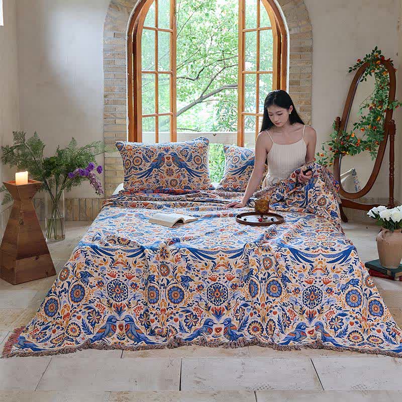 Ownkoti Vintage-Decke mit Vogelmotiv und Quasten aus Baumwollgaze - image 3