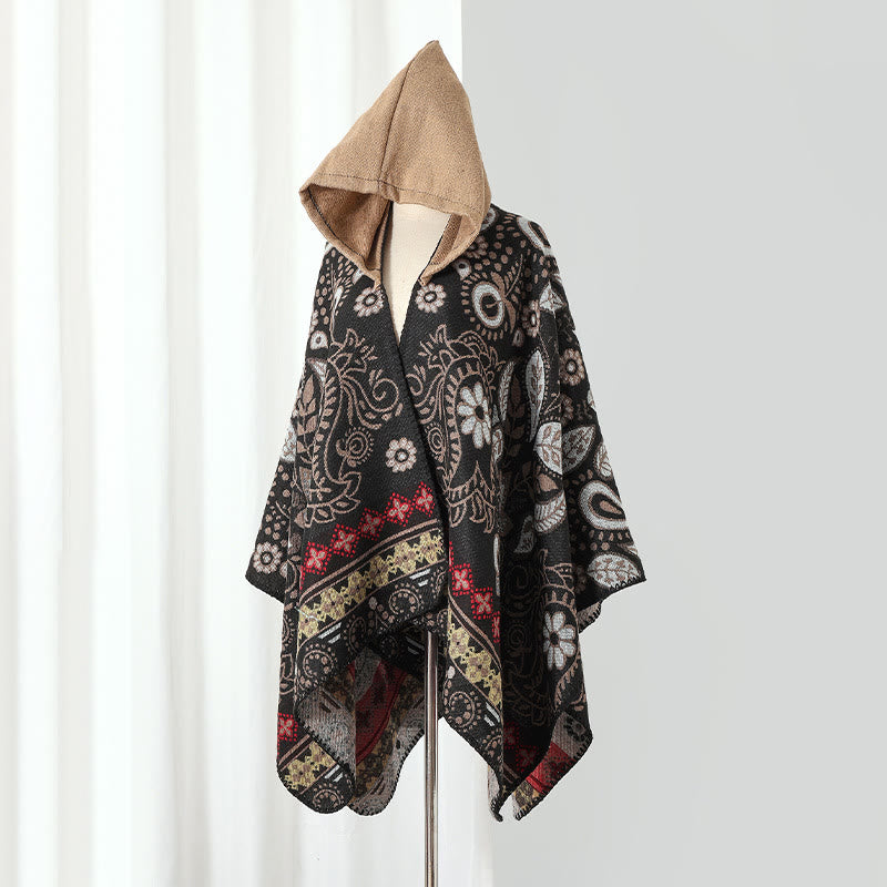 Vintage Paisley Kapuzen Cape Schal - Schwarz&Kamel - 135cm x 150cm - image 2