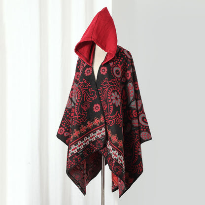 Vintage Paisley Kapuzen Cape Schal - Schwarz&Rot - 135cm x 150cm - image 0