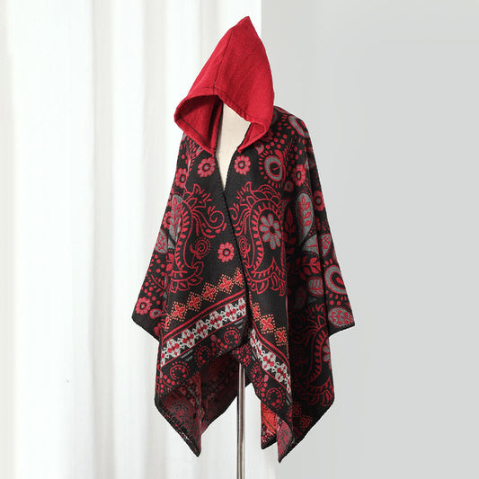 Vintage Paisley Kapuzen Cape Schal - Schwarz&Rot - 135cm x 150cm - image 0