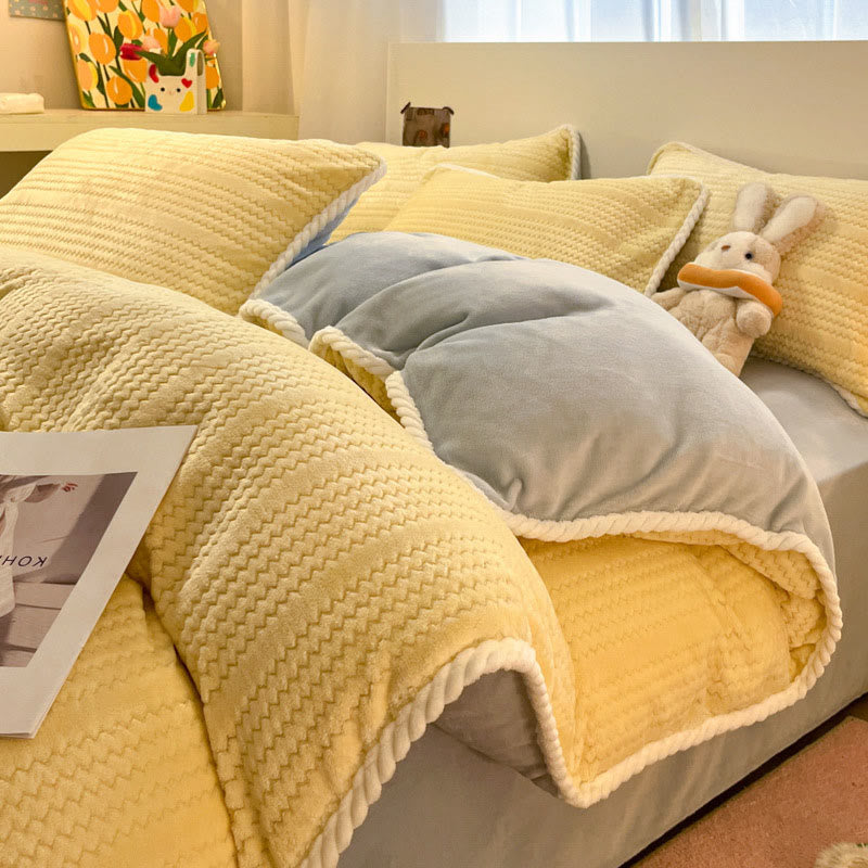 Luxuriöses Fleece-Winterbettwäscheset (4-teilig) - Cremiges Gelb und Grau - Bettbezug - König - image 18