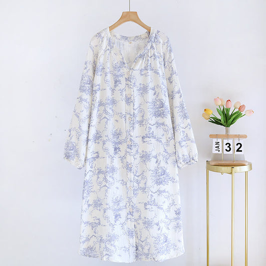 Ownkoti Vintage-Nachthemd aus Baumwollgaze mit Blumenmuster und Knöpfen - XL - image 0