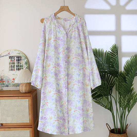 Ownkoti Nachthemd aus Baumwolle mit Blumenmuster und Schmetterlingsknöpfen - XL - image 0