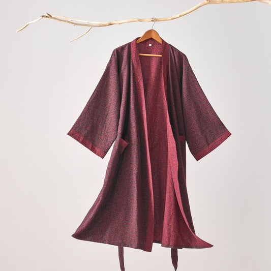 Ownkoti – Weihnachtsinspirierter Kimono-Bademantel aus Baumwollgaze - Dunkelrot - XL - image 0