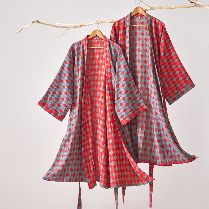 Ownkoti – Klassischer Kimono-Bademantel aus Baumwollgaze mit Rautenmuster - image 1