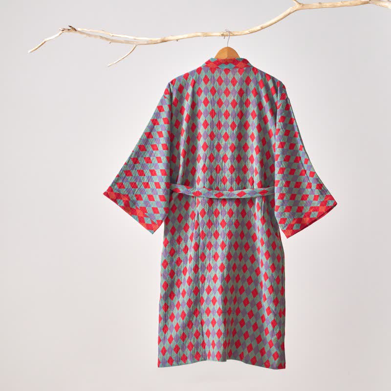 Ownkoti – Klassischer Kimono-Bademantel aus Baumwollgaze mit Rautenmuster - image 12