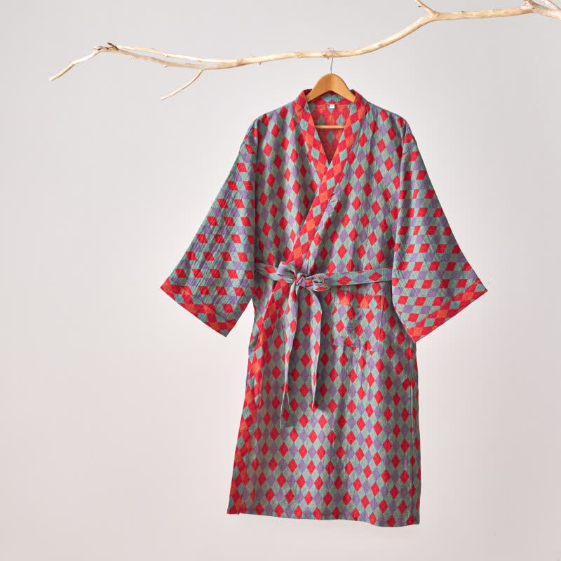 Ownkoti – Klassischer Kimono-Bademantel aus Baumwollgaze mit Rautenmuster - image 11