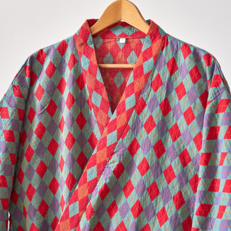 Ownkoti – Klassischer Kimono-Bademantel aus Baumwollgaze mit Rautenmuster - image 13
