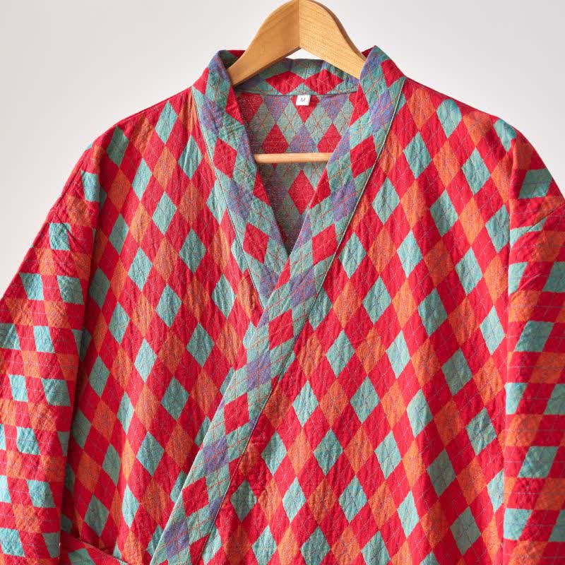 Ownkoti – Klassischer Kimono-Bademantel aus Baumwollgaze mit Rautenmuster - image 4