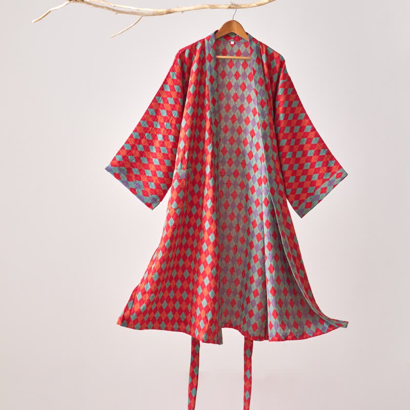 Ownkoti – Klassischer Kimono-Bademantel aus Baumwollgaze mit Rautenmuster - Rot - XL - image 0
