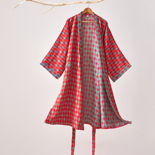 Ownkoti – Klassischer Kimono-Bademantel aus Baumwollgaze mit Rautenmuster - Rot - XL - image 0