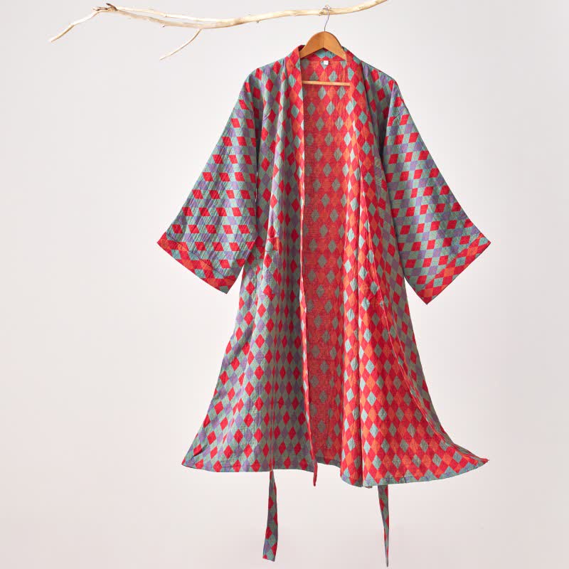 Ownkoti – Klassischer Kimono-Bademantel aus Baumwollgaze mit Rautenmuster - Grün - XL - image 10