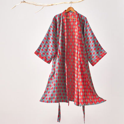 Ownkoti – Klassischer Kimono-Bademantel aus Baumwollgaze mit Rautenmuster - Grün - XL - image 10