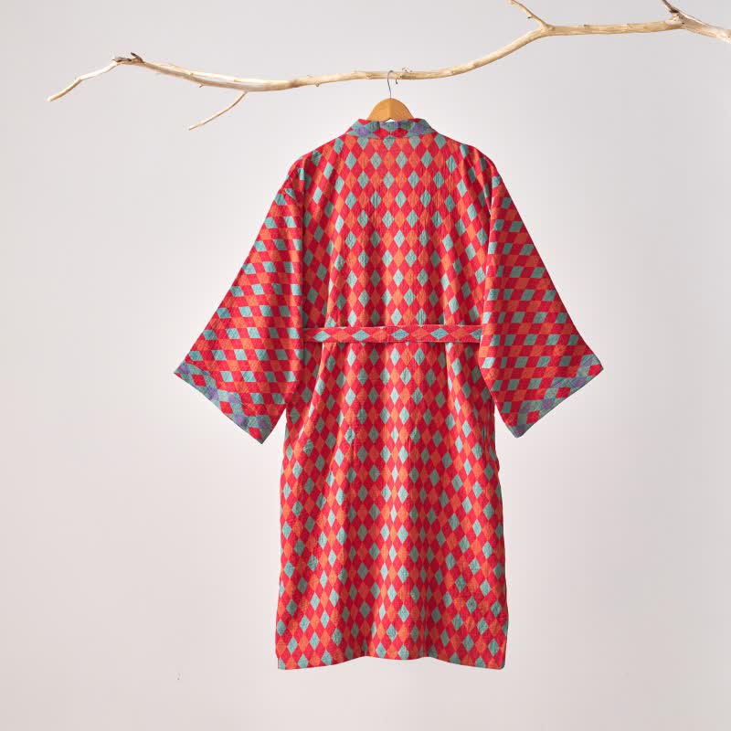 Ownkoti – Klassischer Kimono-Bademantel aus Baumwollgaze mit Rautenmuster - image 3