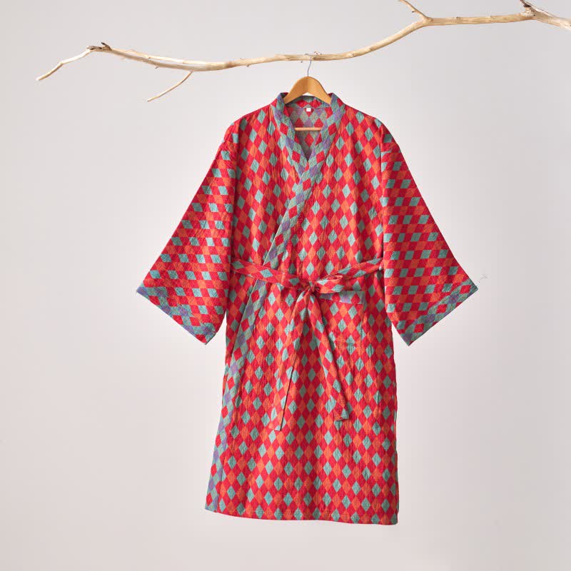 Ownkoti – Klassischer Kimono-Bademantel aus Baumwollgaze mit Rautenmuster - image 2
