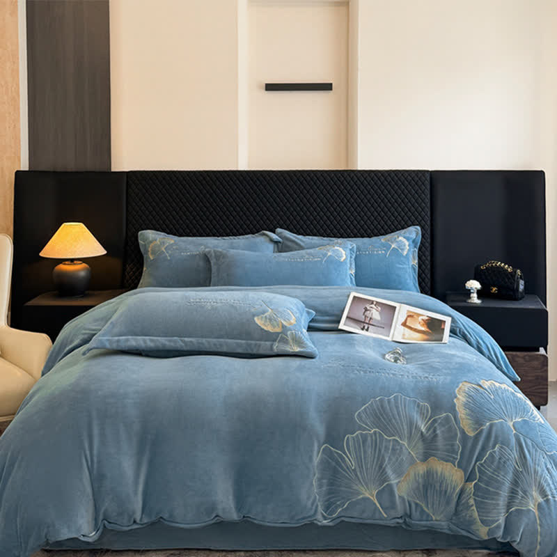 Ownkoti Elegantes Ginkgoblatt-Plüsch-Bettwäscheset (4-teilig) - Blau - 220cm x 240cm - image 7