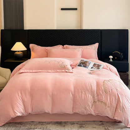 Ownkoti Elegantes Ginkgoblatt-Plüsch-Bettwäscheset (4-teilig) - Rosa - 220cm x 240cm - image 9