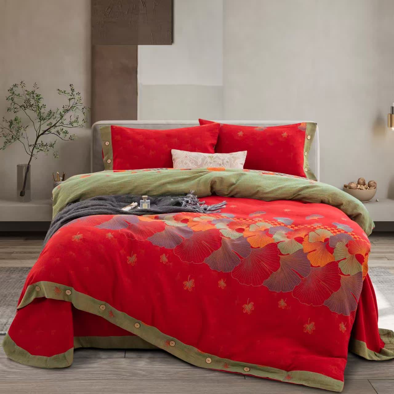 Ownkoti Bettwäsche aus reiner Baumwollgaze mit Ginkgoblatt-Motiv (4-teilig) - 220cm x 240cm - image 0