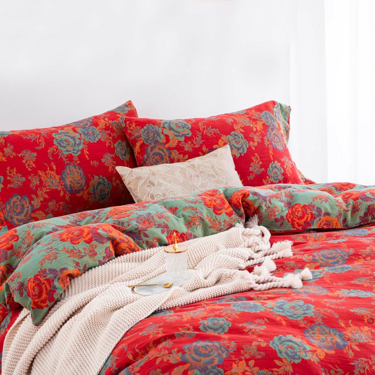 Ownkoti Pfingstrosen-Bettwäsche aus reiner Baumwollgaze (4-teilig) - image 2